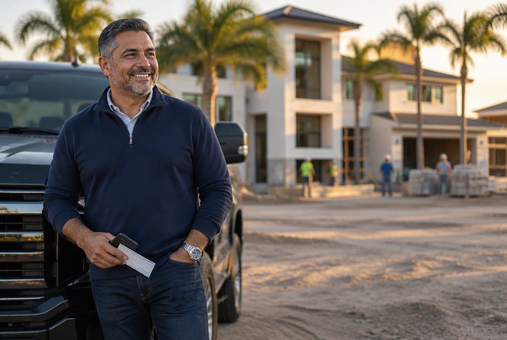 Dueño de una empresa de construcción sonriendo junto a su camioneta frente a una obra